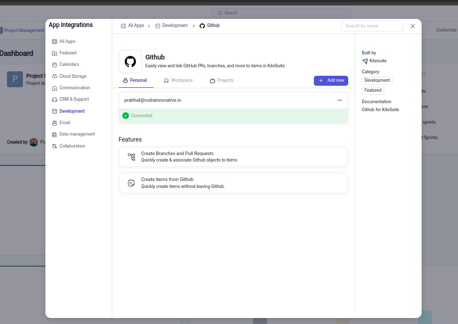KiteSuite Integrations configuration page
