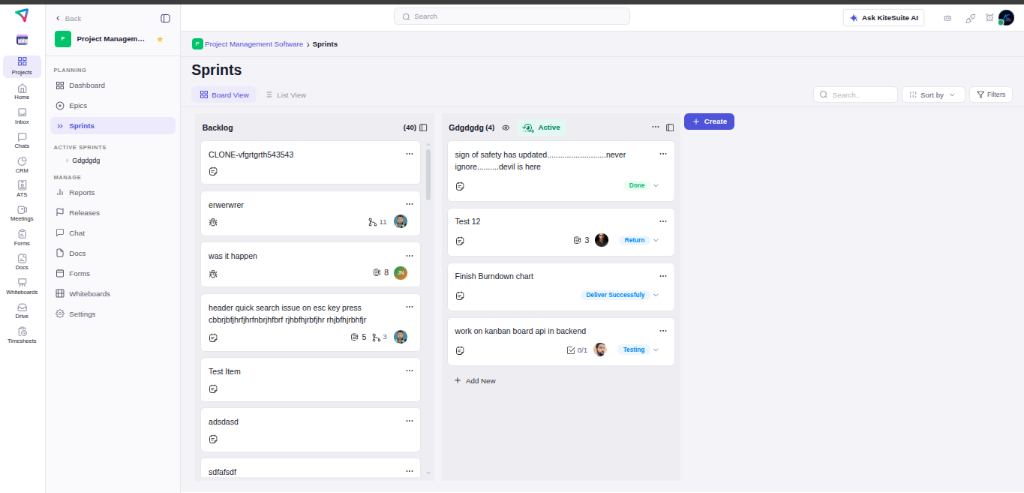 KiteSuite Agile Sprints and Kanban Board with Ask KiteSuite AI assistant