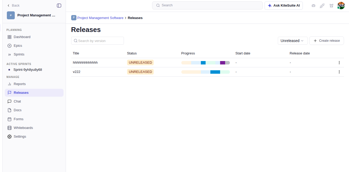 KiteSuite Release Management list view