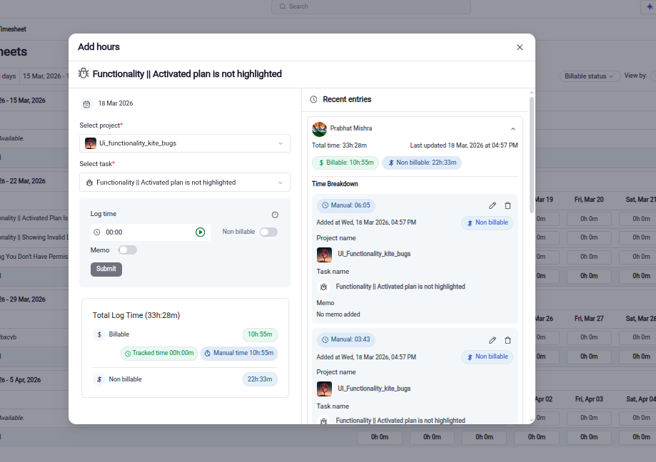 KiteSuite Time Tracking interface
